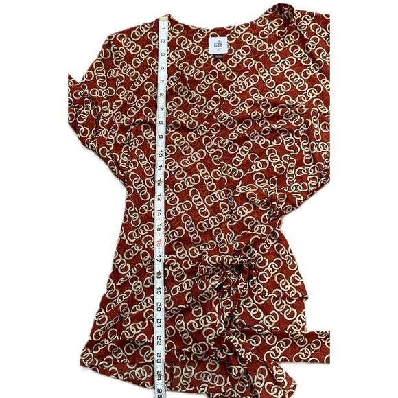 CAbi Red Geometric Long Sleeve Wrap Top Sz M Coach Cowgirl Chain Design Academia - Picture 8 of 15